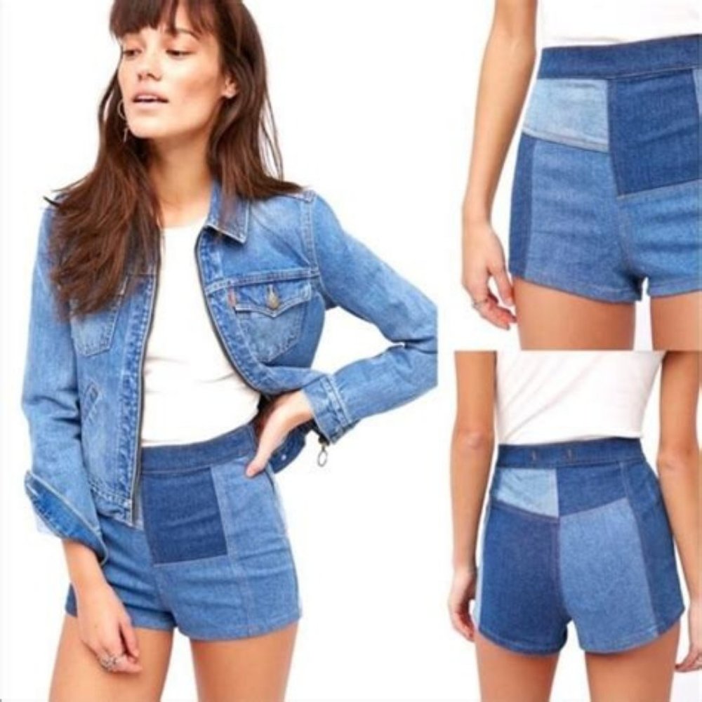 Free People patchwork high waisted denim shorts